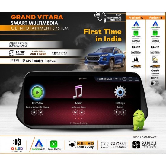 Grand Vitara Android System Apple Carplay & Android Auto Variant A with UV Gloss Frame - Special OEM Fit Edition