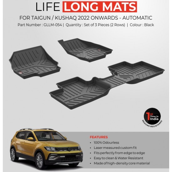 GFX Premium Life Long Car Floor Foot Mats For Volkswagen Taigun (2021-Onwards) Black